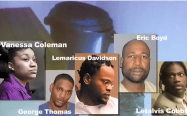 The Perpetrators of Channon Christian and Christopher Newsom: Vanessa Coleman with a serious face and wearing a violet blouse. George Thomas with a serious face and wearing a blue t-shirt. Lemaricus Davidson looking at something while wearing eyeglasses and a white t-shirt under a white polo. Eric Boyd with a serious face, mustache, and beard. Letalvis Cobbins looking at something while wearing a cream long sleeve under a beige coat (from left to right).