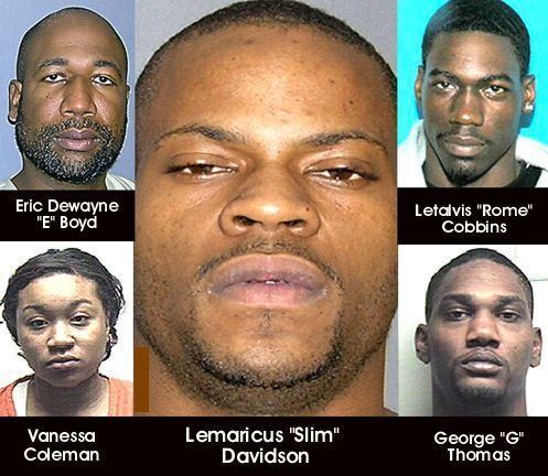 The Perpetrators of Channon Christian and Christopher Newsom: Eric Dewayne "E" Boyd (upper left) with a serious face, mustache, and beard while wearing a white shirt. Vanessa Coleman (lower left) with a serious face and wearing an orange t-shirt. Lemaricus "Slim" Davidson (center) with mustache and beard. Letalvis "Rome" Cobbins (upper right) with a serious face, mustache, and beard while wearing a black and white shirt. George "G" Thomas (lower right) with a serious face, mustache, and beard.