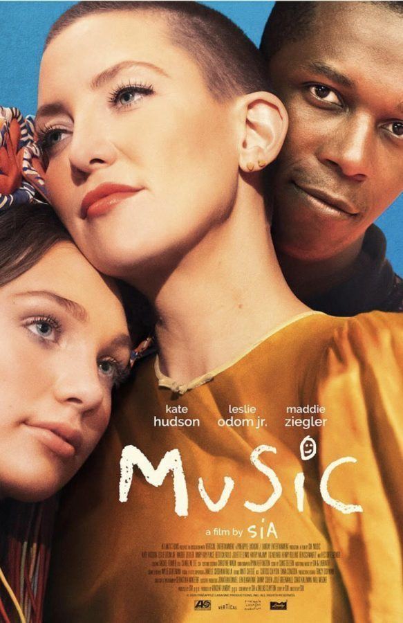 Maddie Ziegler, Kate Hudson, and Leslie Odom Jr with a tight-lipped smile in the movie poster of the 2021 American musical drama film, Music