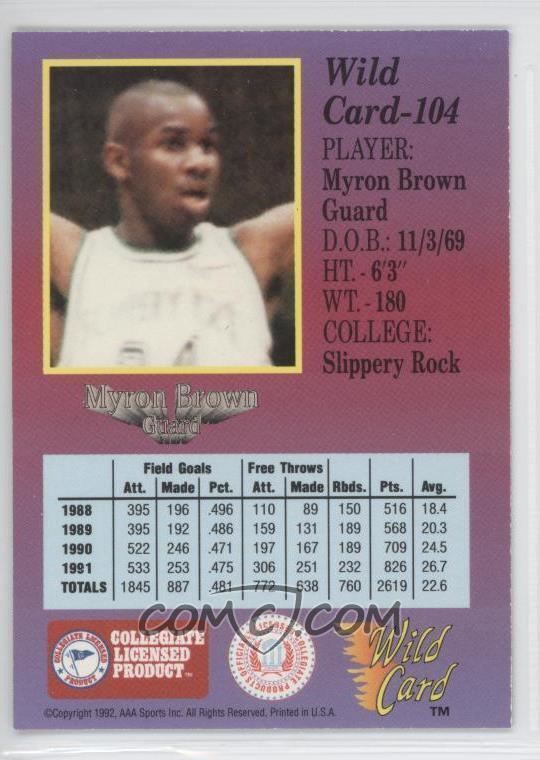 Myron Brown 1992 Wild Card Collegiate Base 5 Stripe 104 Myron Brown