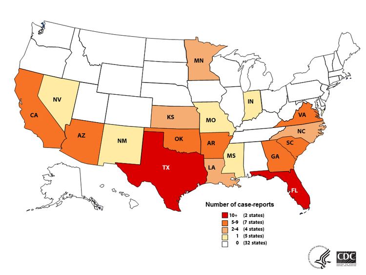 Naegleria fowleri Number of Casereports by State of Exposure Sources of Infection