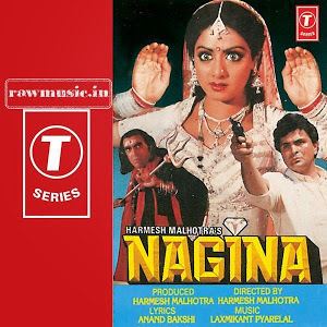 Amrish Puri holding a trident, Amrish Puri wearing white long sleeves, and Sridevi wearing a white gown in the movie poster of the 1986 film Nagina