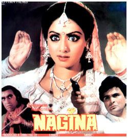 Amrish Puri holding a trident, Amrish Puri wearing white long sleeves, and Sridevi wearing a white gown in the movie poster of the 1986 film Nagina