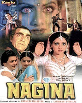 Sridevi, Rishi Kapoor, and Amrish Puri in different movie scenes from the 1986 film Nagina