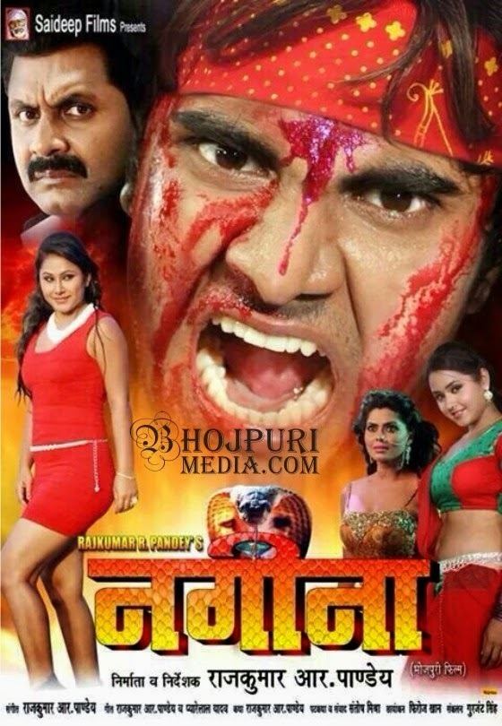 Pradeep Pandey "Chintu" with blood on his face together with Rinku Ghosh, and the other cast in the movie poster of the 2014 film, Nagina
