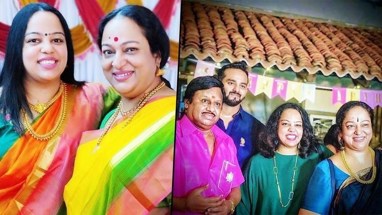 On the left, Nalini smiling with her daughter and wearing a colorful dress. On the right, Nalini and Ramarajan smiling their daughter and son