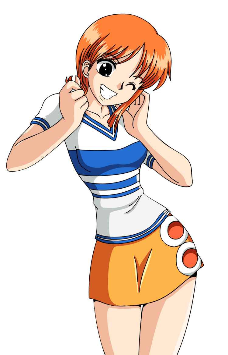 Nami smiling while wearing a white and blue blouse and mustard yellow skirt