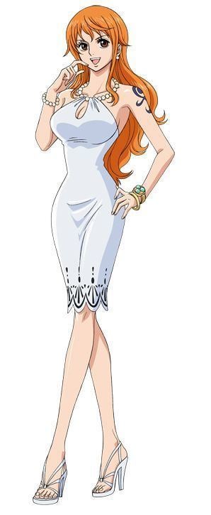 Nami smiling while wearing a white dress, heels, and some pieces of jewelry