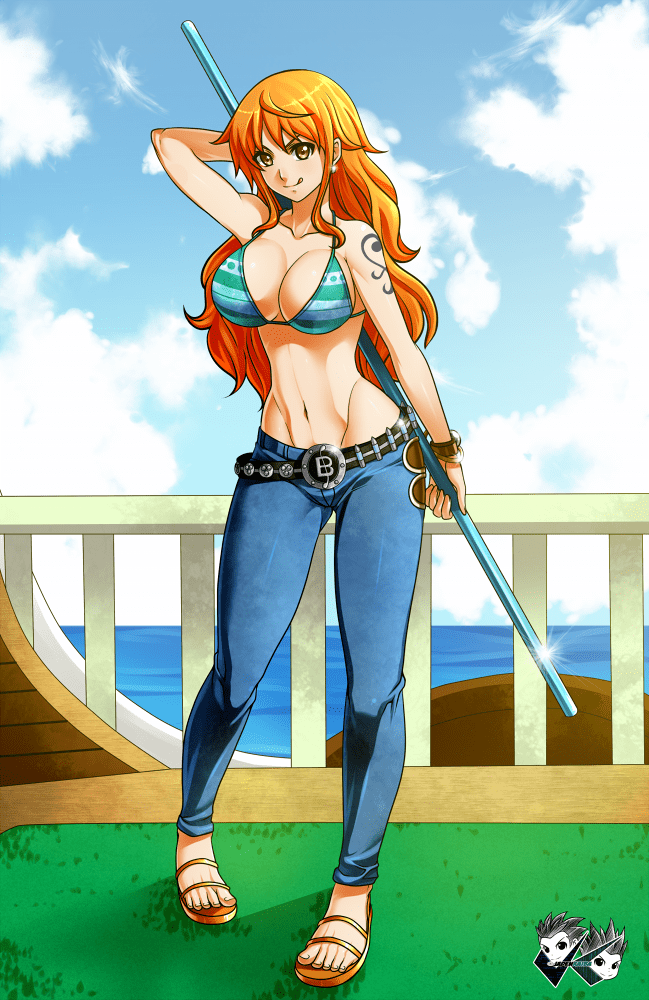 Nami smiling and holding a long green stick while wearing a white and green bikini, blue pants, belt, and brown slipper