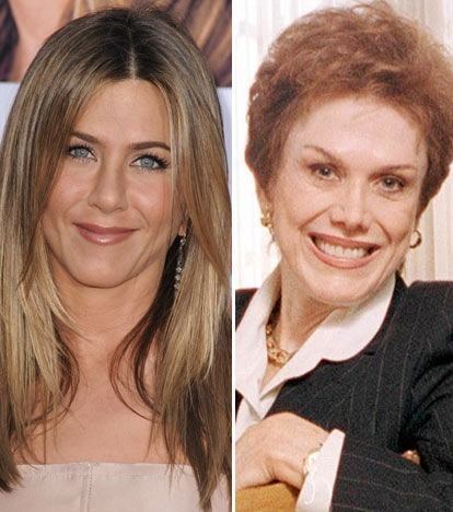 On left, Nancy Dows daughter Jennifer Aniston. On right, Nancy Dow smiling while wearing black and white clothes.
