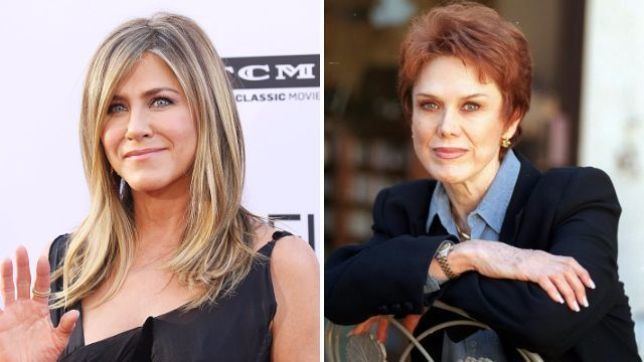 On left, Nancy Dows daughter Jennifer Aniston. On right, Nancy Dow sitting while wearing a blue coat over sky blue clothes.