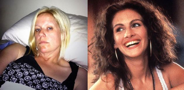 On the left, Nancy Motes with a sad face while lying, with blonde hair and wearing a black and white sleeveless top. On the right, Julia Roberts smiling, with curly hair, wearing hoop earrings, and a white sleeveless top.
