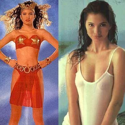 On left, Nanette Medved as the superheroine Darna. On right, Nanette Medved posing seductively in a white dress.