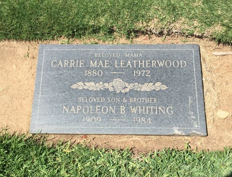 Napoleon Whiting and Carrie Carie Mae Leatherwood engraved tombstone in Inglewood Park Cemetery, California, USA