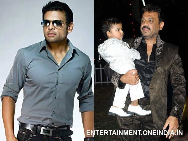 Naresh looking fierce in sunglasses & a gray suit (on the left) while carrying his son and wearing a brown coat (on the right)