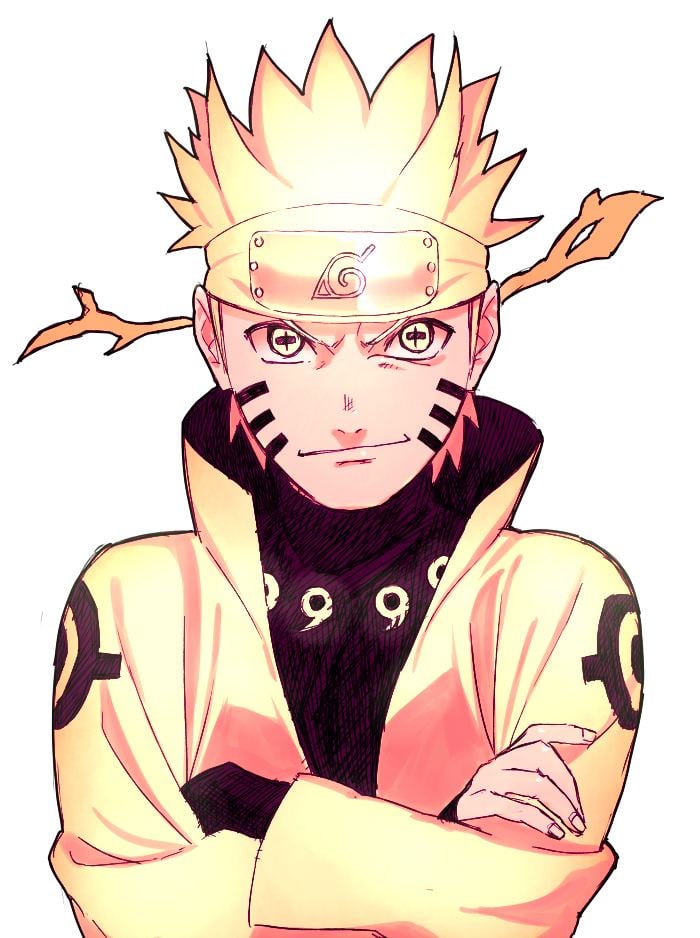 Naruto Uzumaki with his Nine-Tails Chakra Mode with whisker like facial paint and wearing a light orange and black outfit.