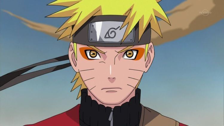 Naruto Uzumaki on his Sage Mode with orange eye colorings and wearing a red and black ninja attire.