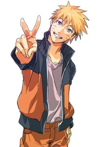 An artist rendition of Naruto Uzumaki doing a peace sign.