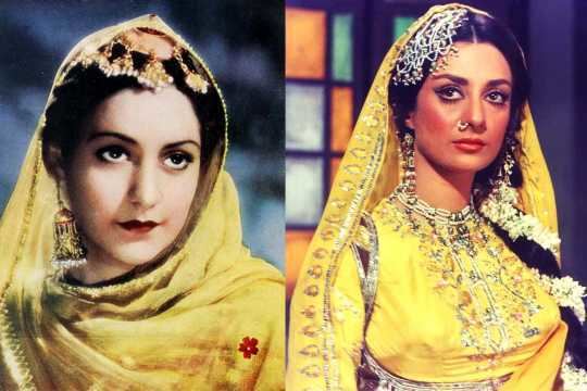 On the left, Naseem Banu with a serious face, wearing a yellow dupatta scarf, and earrings. On the right, Saira Banu with a serious face wearing a yellow dupatta scarf, earrings, and a yellow Indian traditional dress.