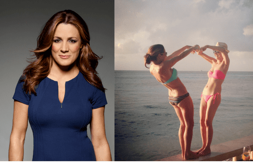 On the left, Natalie Pinkham with long wavy hair and wearing a blue dress. On the right, Natalie Pinkham and Rachel Brookes wearing sunglasses and swimsuits at the beach.