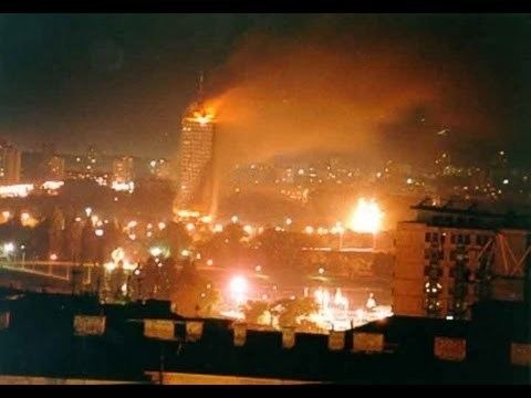 Buildings in Belgrade were on fire on April 21 1999 during the Nato bombing of Yugoslavia.