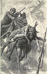 A drawing of Natty Bumppo carrying a fellow on his back along with some men while holding a gun with his left hand, the main character in the book, The Pioneers by James Cooper.