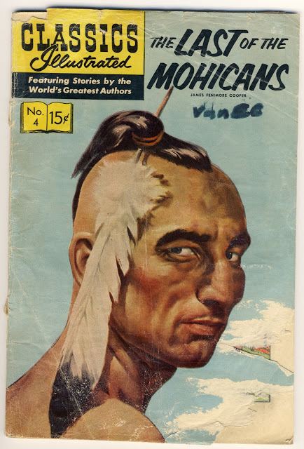 Cover art from the comic book version of the Classics Illustrated No. 4, The Last of the Mohicans by James Cooper featuring Natty Bumppo looking from the back with a serious face, having his center black hair tied with a feather tie, topless.