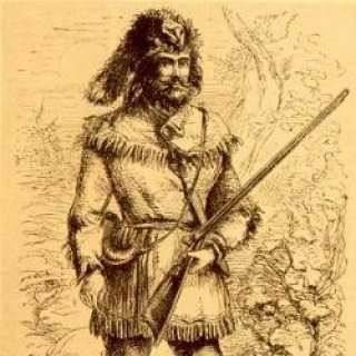 A sketch of Natty Bumppo looking serious while holding a gun with a mustache and a beard, wearing a hunter's attire, furry hat, pants, and tassels on woolen tunic.