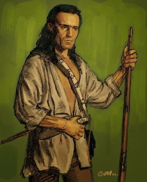 An illustration of Natty Bumppo looking serious at something holding a wooden stick in his left hand and a dagger in his right hand, the main character in the book, The Pioneers by James Cooper, with the written initials of CM on the bottom-right corner. He has long hair flowing, dressed in native clothing, brown pants, and a kimono-sleeved blouse exposing his chest.