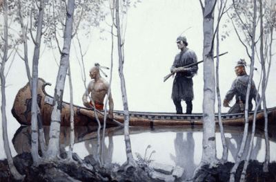 “The Last of the Mohicans” works by N.C. Wyeth depicts Chingachgook and Uncas canoeing with Natty Bumppo down a foggy river (from right to left).