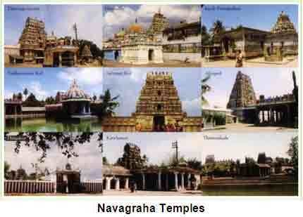 The Navagraha Temples, 1st row Left, is the Suriyanar Koil, Sun temple, 1st-row middle, Keezhaperumpallam Kethu temple, 1st row right, Thiruvengadu BudhanTemple, 2nd row left, Vaitheeswaran Koil-Sevvai Temple, 2nd row Middle, Alangudi Guru, 2nd row right, Sukran temple, 3rd row left, Thingaloor, Chadran temple, 3rd-row middle, Tirunageswaram Raghu temple, 3rd row right, Thirunallar temple.