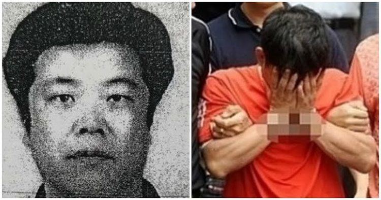Cho Doo-soon looking serious (on the left) and covering his face with his hands as he was captured by the police and wearing an orange shirt (on the right)