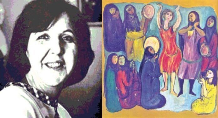 Naziha Selim (left) is smiling with her short black hair, wearing a white with a black collar blouse. In the right image, her painting shows 9 women sitting and standing wearing different colors of a dress