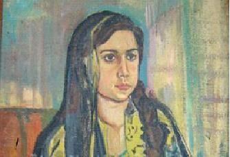 Naziha Salim in an illustration of herself, with a serious face and long black hair and wearing a yellow blouse