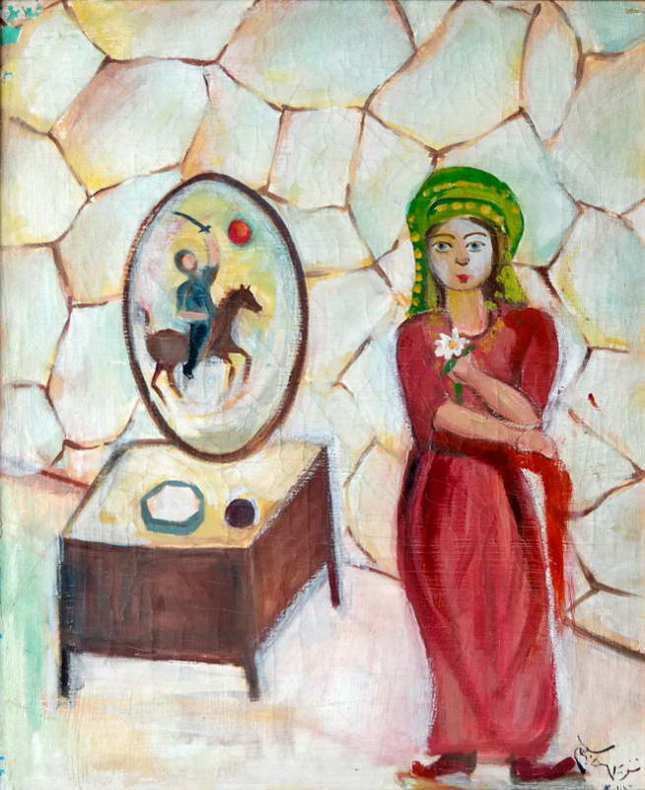 Naziha Selim’s painting of a woman standing in front of a mirror table that has a man riding a brown horse and raising a sword in his left hand and a flower in her left hand, the woman is wearing a green hijab, red shoes, and a long sleeve dress