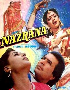 The movie poster of Nazrana (1987 film) featuring Rajesh Khanna as Rajat Verma, Sridevi as Tulsi, and Smita Patil as Mukta