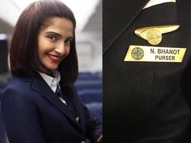 On the left, Sonam Kapoor smiling and wearing a blue coat and white blouse in the 2016 film, Neerja while on the right, is N.Bhanot's name badge