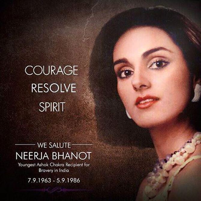 On the left, is a tribute for Neerja Bhanot with a caption Courage Resolve Spirit, while on the right, Neerja wearing earrings, a pearl necklace, and sleeveless top
