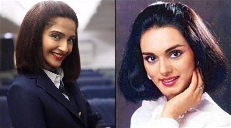 On the left, Sonam Kapoor smiling and wearing a blue coat and white blouse in the 2016 film, Neerja while on the right, Neerja Bhanot smiling and wearing a white long sleeve blouse