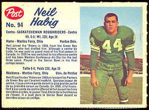 Neil Habig 1962 POST CFL FOOTBALL 94 NEIL HABIG NM SASKATCHEWAN ROUGHRIDERS