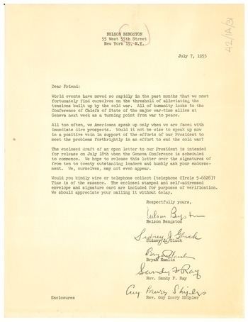 Nelson Bengston Circular letter from Nelson Bengston to W E B Du Bois July 7 1955