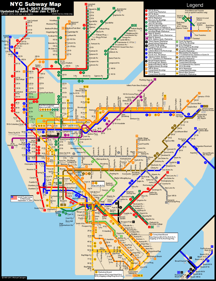 New York City Subway wwwnycsubwayorg New York City Subway Route Map by Michael Calcagno