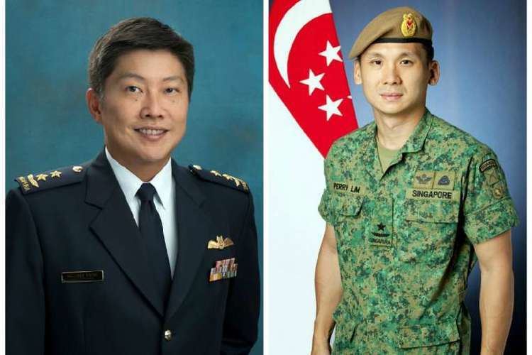 On the left, Ng Chee Meng smiling while wearing a black coat, necktie, and long sleeves. On the right, Perry Lim wearing an air force uniform