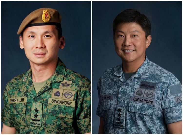 On the left, Perry Lim wearing an air force uniform. On the right, Ng Chee Meng smiling and wearing an air force uniform