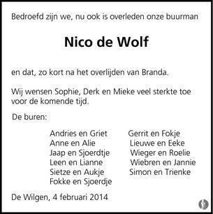 Nico de Wolf Nico de Wolf 04022014 overlijdensbericht en condoleances