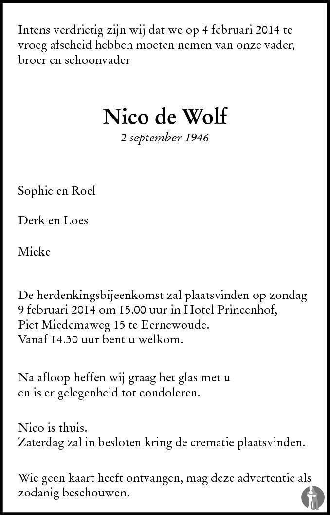 Nico de Wolf Nico de Wolf 04022014 overlijdensbericht en condoleances