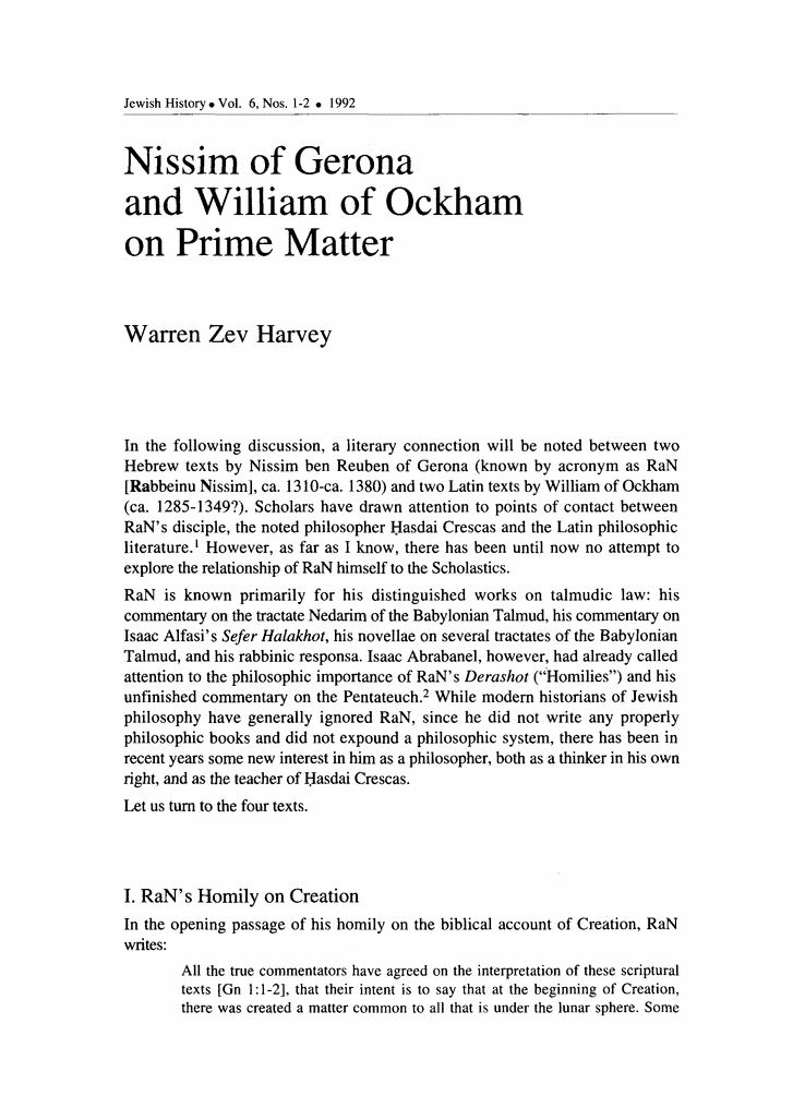 Nissim of Gerona Nissim of Gerona and William of Ockham on prime matter Springer