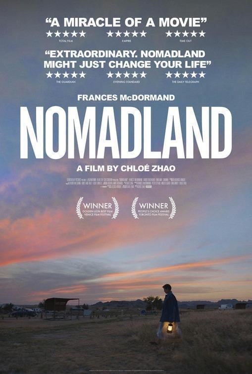 Frances McDormand holding a lamp while walking in the movie poster of the 2020 American drama film, Nomadland
