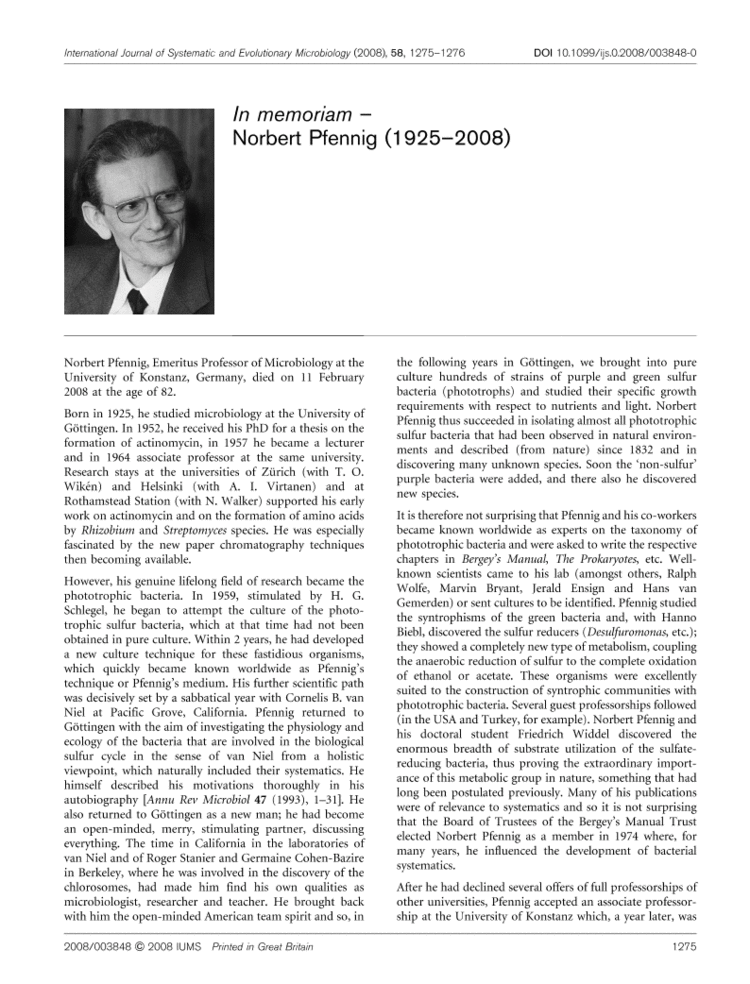 Norbert Pfennig Microbiology Society Journals In memoriam Norbert Pfennig 1925