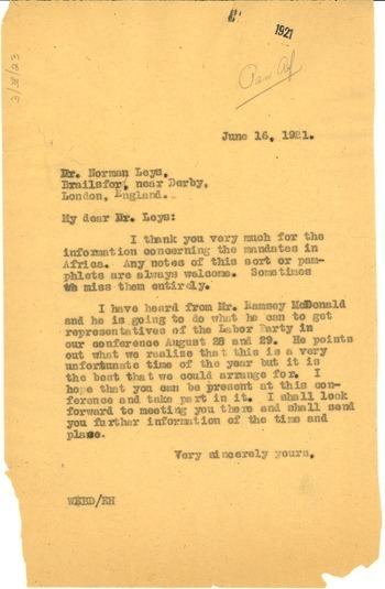 Norman Leys Letter from W E B Du Bois to Norman Leys June 16 1921
